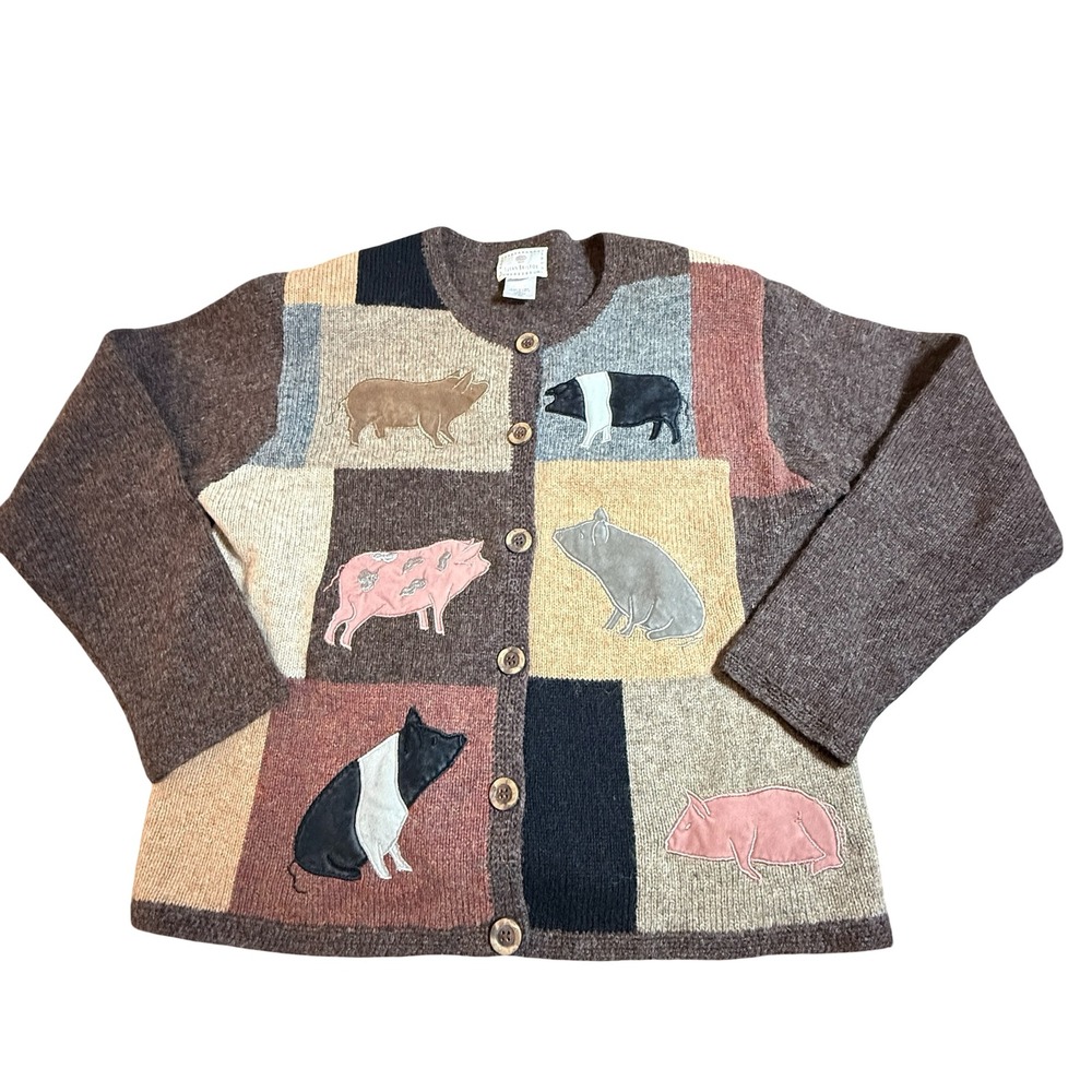 Susan Bristol Cardigan Sweater Womens M Brown Pig Patchwork Wool Vintage 90s